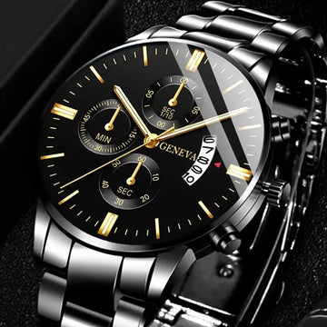 Relógio Masculino de Luxo – Aço Inoxidável Preto, Quartzo, Calendário e Design Elegante para Negócios