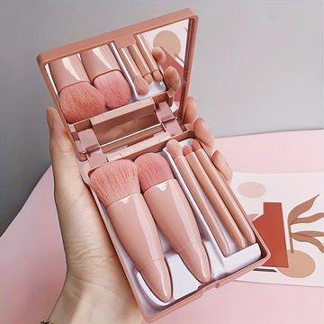 5-piece Portable Make-up Brush Set with Mirror - Travel Foldable