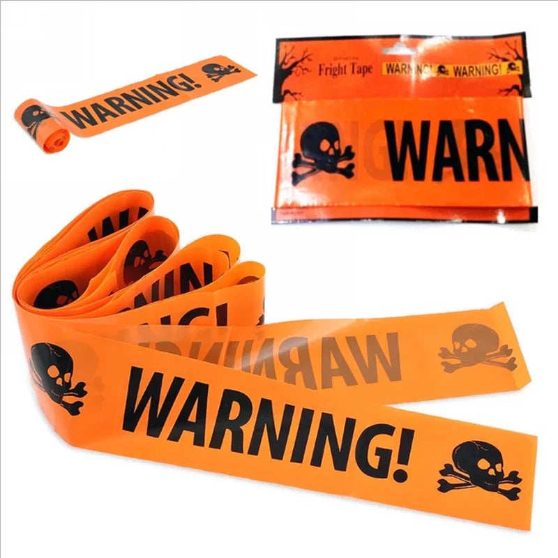 Halloween Window Props & Warning Tape Set – Plastic Skull Head, Caution Line Signs & Witch Balloons | Spooky Party Decorations Lot