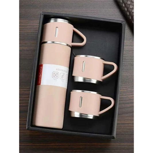 500ml Stainless Steel Thermal Bottle Kit With 3 Cups Camping Travel Coffee (Black)