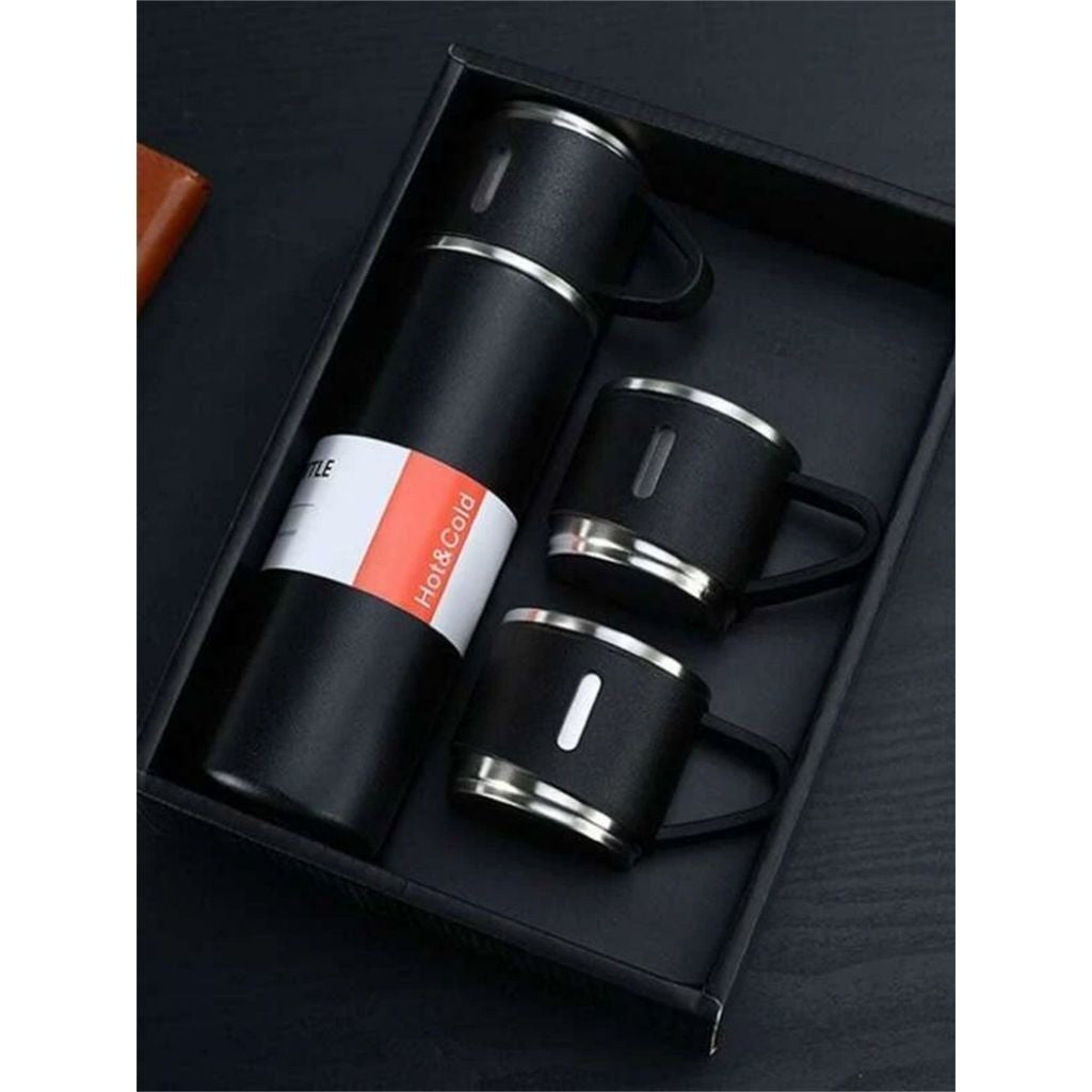 500ml Stainless Steel Thermal Bottle Kit With 3 Cups Camping Travel Coffee (Black)