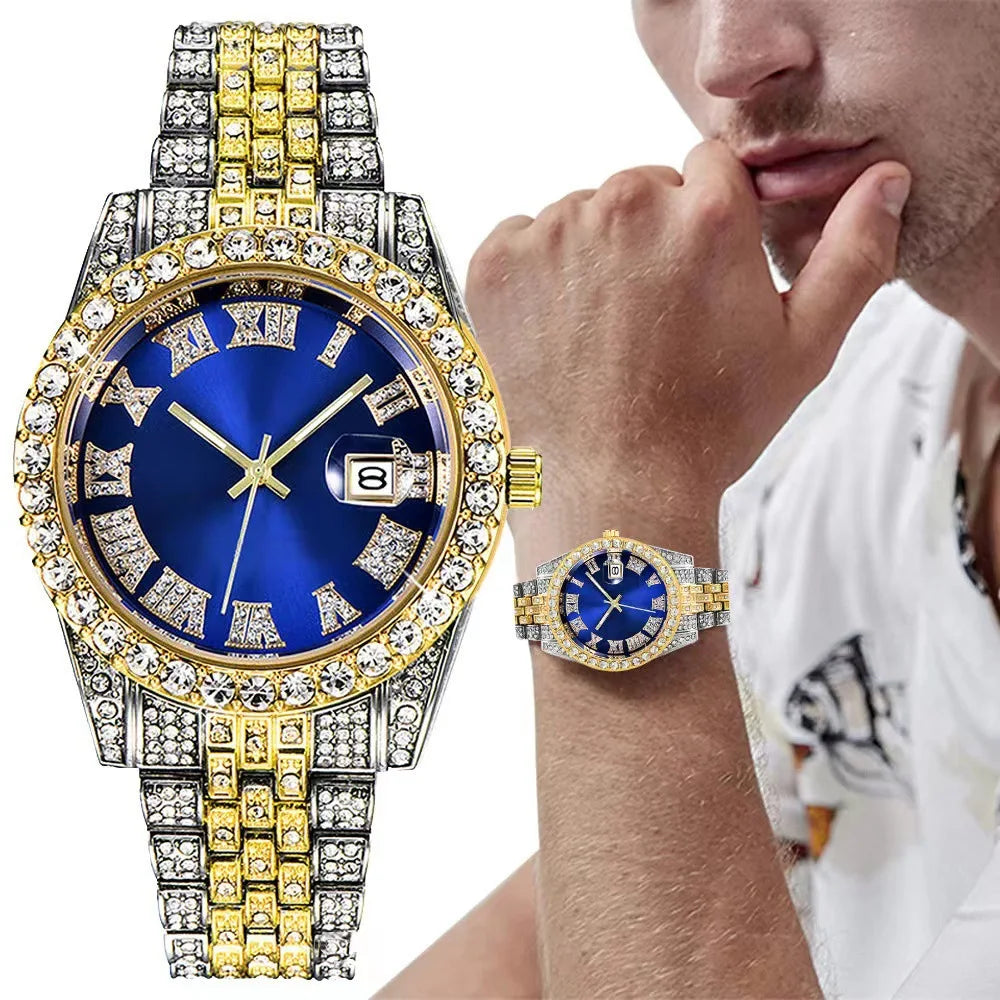 Luxury Men’s Gold Watch – Stainless Steel Calendar Wristwatch with Iced-Out Rhinestones