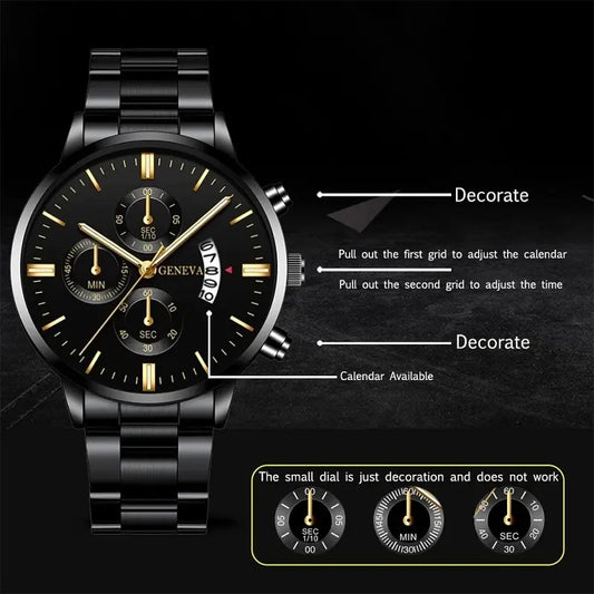 Relógio Masculino de Luxo – Aço Inoxidável Preto, Quartzo, Calendário e Design Elegante para Negócios