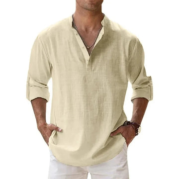 Men’s Cotton Linen Henley Shirt – Lightweight Long Sleeve Casual Top | Streetwear Beach Hawaiian Breathable Shirt