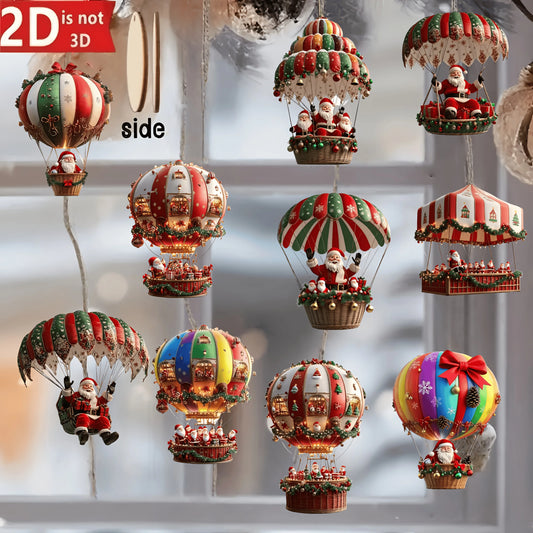 10pcs Christmas Wooden Hot Air Balloon Ornaments – Santa Claus 2D Flat Pendants | Festive Tree Decorations & Holiday Gift Decor