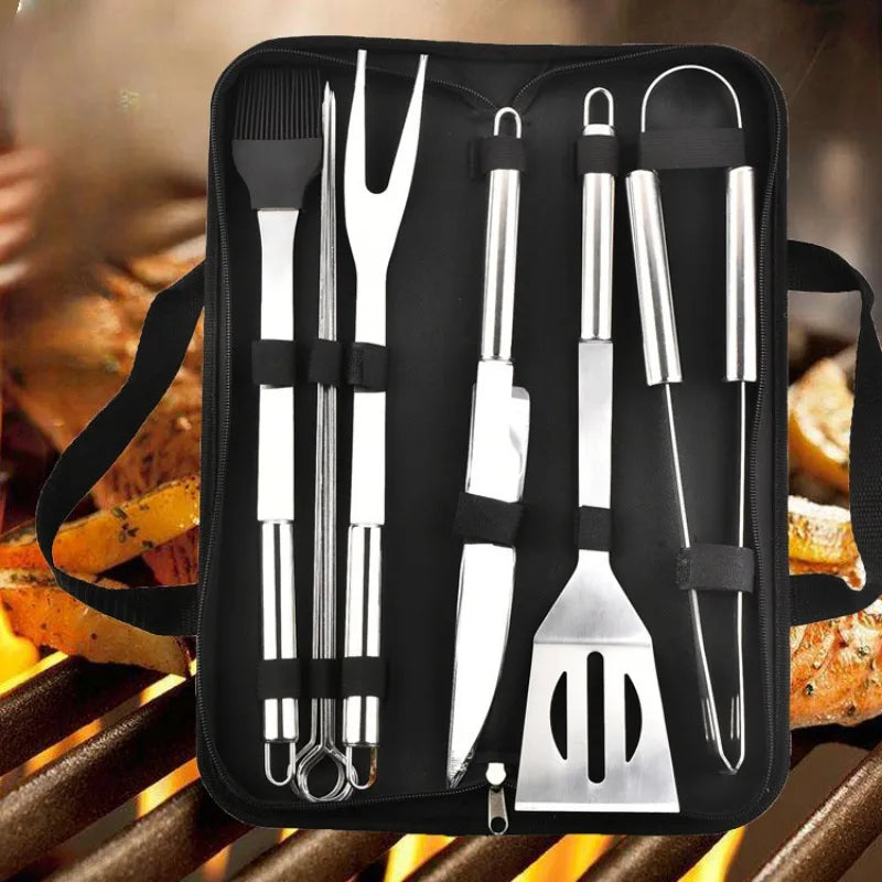 Stainless Steel BBQ Tool Set – Portable Outdoor Barbecue Combination with Storage Bag for Grilling & Baking