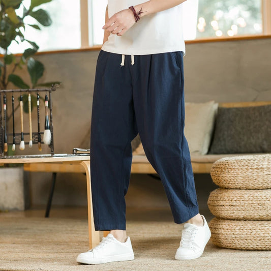 Men’s Cotton Linen Trousers – Casual Solid Colour Drawstring Pants | Breathable Loose-Fit Streetwear Shorts