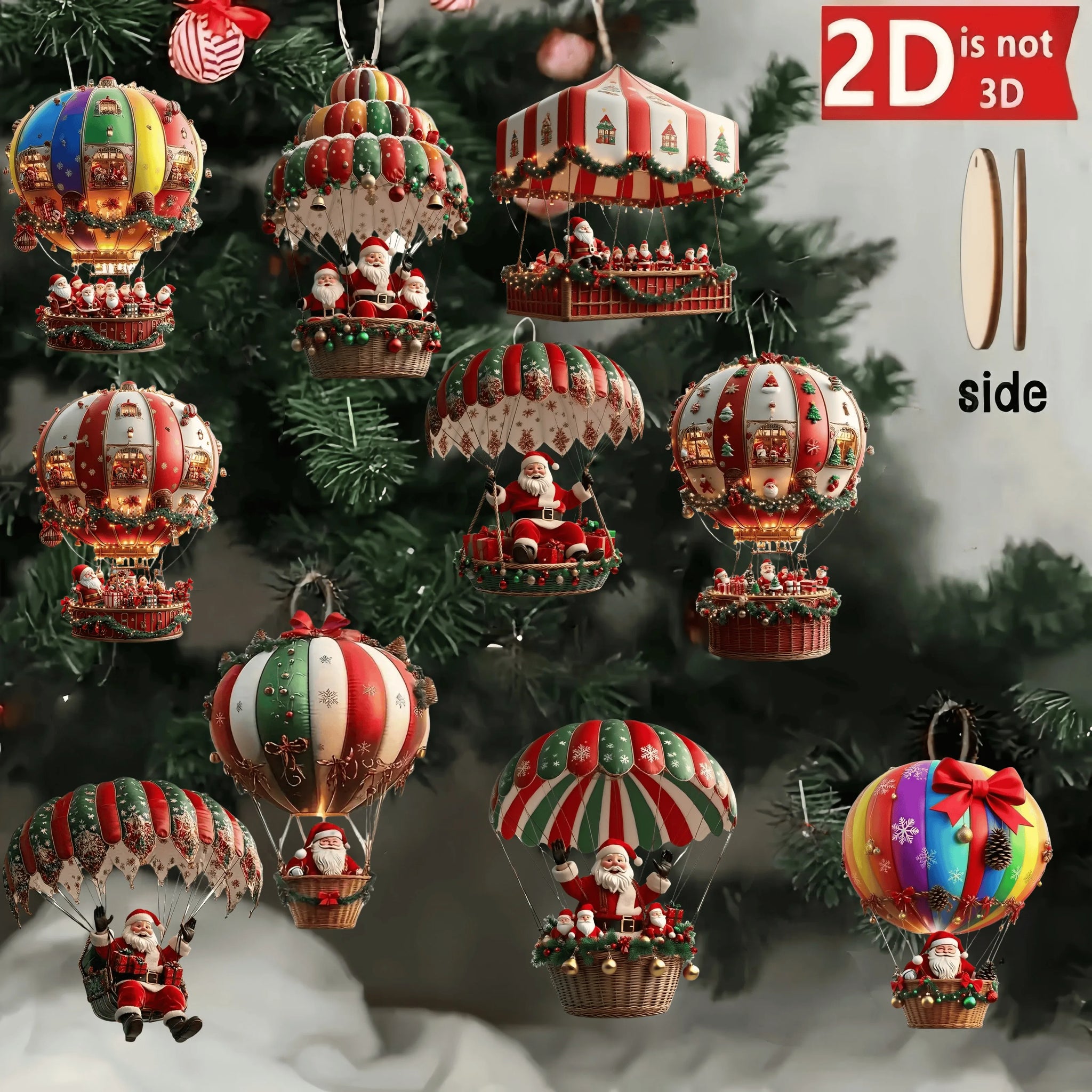 10pcs Christmas Wooden Hot Air Balloon Ornaments – Santa Claus 2D Flat Pendants | Festive Tree Decorations & Holiday Gift Decor