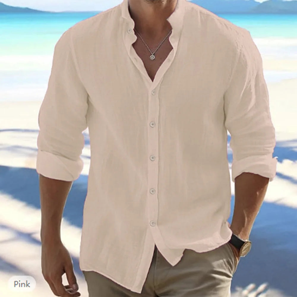 Men’s Cotton Linen Long Sleeve Shirt – Summer Casual Solid Colour Beachwear with Stand Collar, Plus Size Available