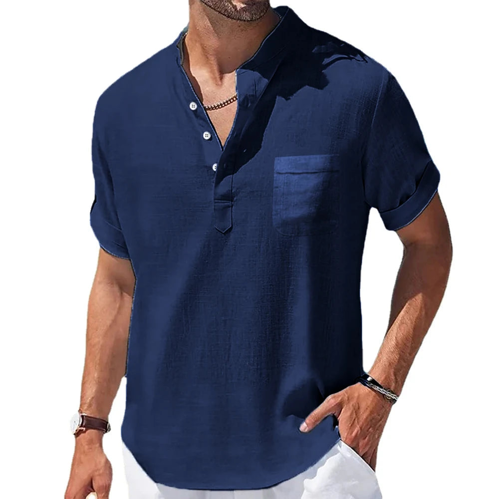 Men’s Casual Stand Collar Linen Shirt – Short Sleeve Summer Top with Pocket | Breathable, Loose & Trendy Design
