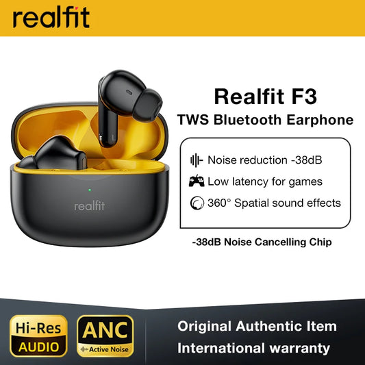 Realfit F3 Wireless Headset with Active Noise Cancellation (ANC) - Bluetooth, Clear Calls (ENC), HiFi and Bass Boost | For Sports and Gaming