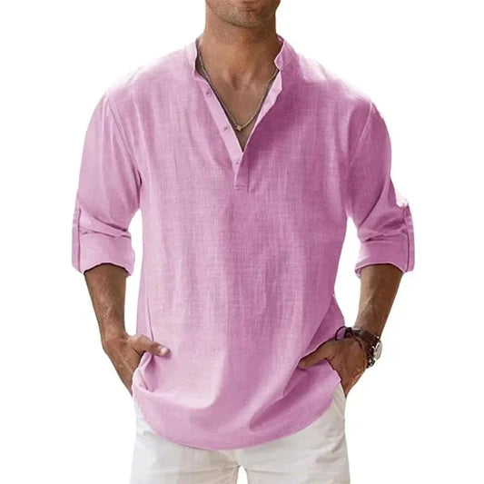 Men’s Cotton Linen Henley Shirt – Lightweight Long Sleeve Casual Top | Streetwear Beach Hawaiian Breathable Shirt