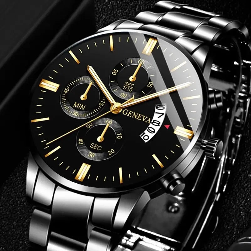 Relógio Masculino de Luxo – Aço Inoxidável Preto, Quartzo, Calendário e Design Elegante para Negócios