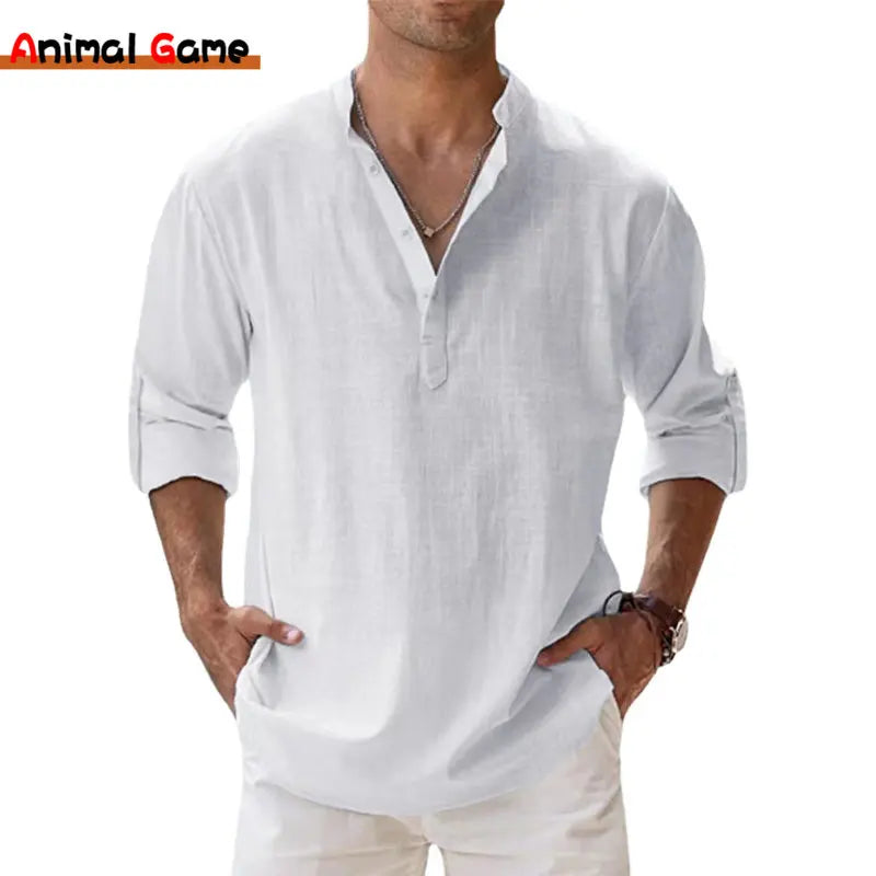 Men’s Cotton Linen Henley Shirt – Lightweight Long Sleeve Beach Top | Casual Hawaiian Style Summer Shirt