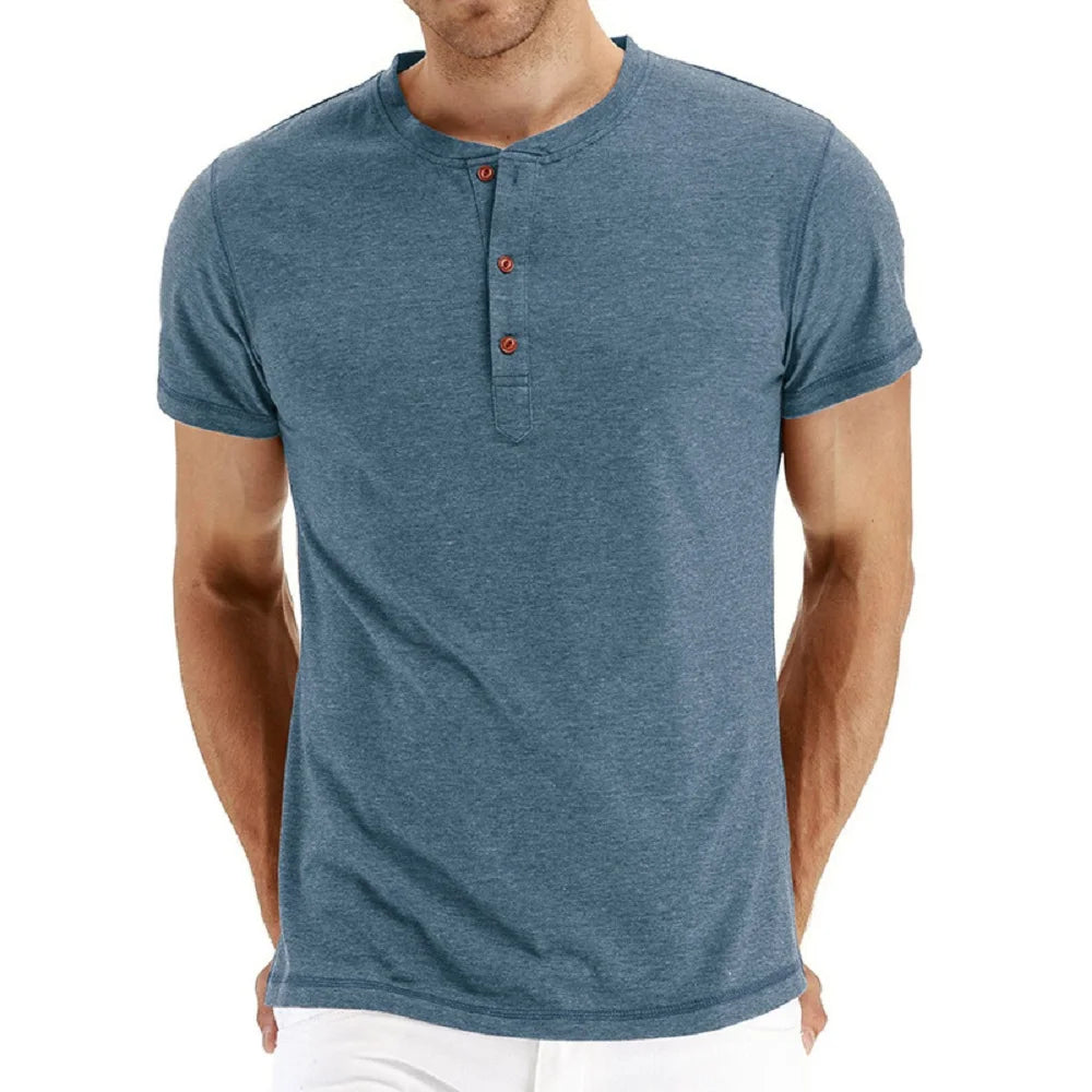 Men’s Cotton Henry Neck T-Shirt – Slim Fit Short Sleeve Top | Solid Colour Fashion Tee
