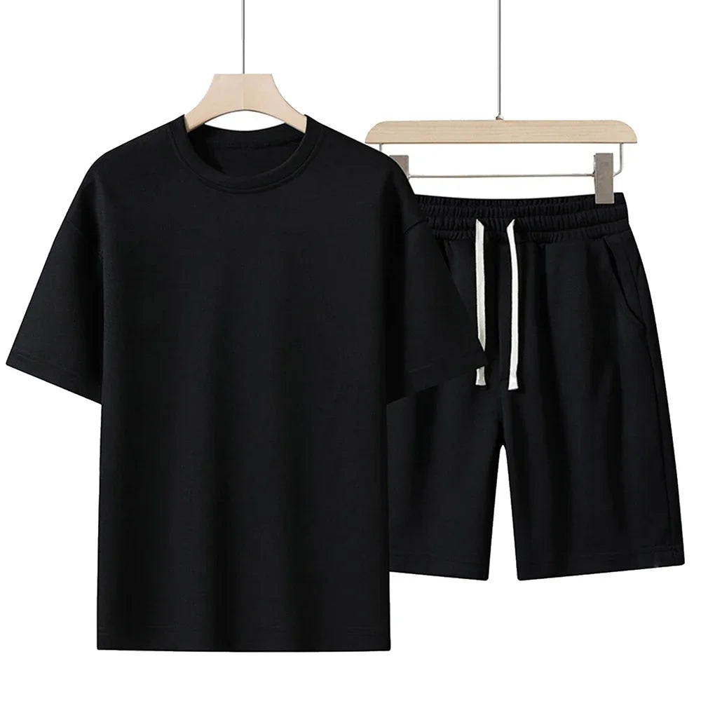 Summer Cotton T-Shirt & Shorts Set – Unisex Solid Colour Streetwear | Breathable O-Neck Tracksuit for Men & Women
