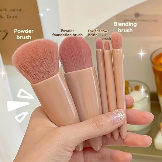 5-piece Portable Make-up Brush Set with Mirror - Travel Foldable