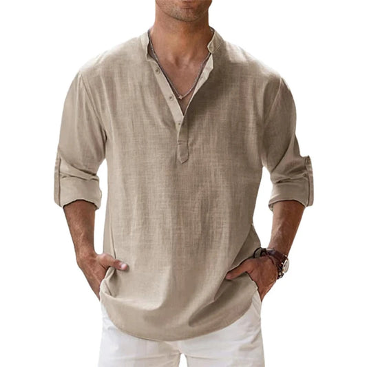 Men’s Cotton Linen Henley Shirt – Lightweight Long Sleeve Beach Top | Casual Hawaiian Style Summer Shirt