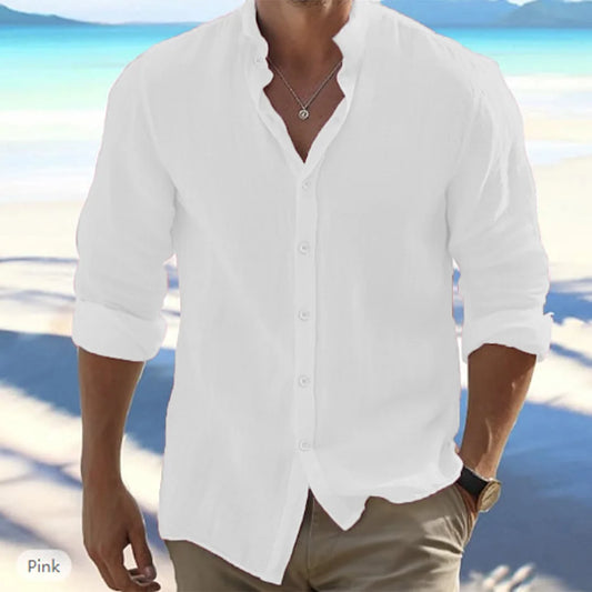 Men’s Cotton Linen Long Sleeve Shirt – Summer Casual Solid Colour Beachwear with Stand Collar, Plus Size Available