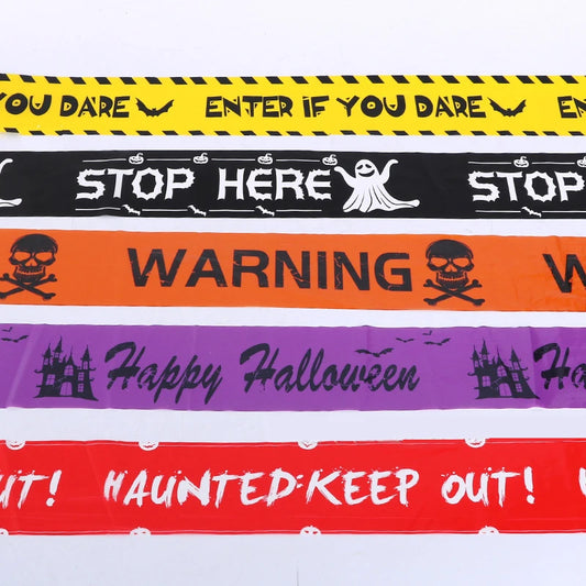 Halloween Window Props & Warning Tape Set – Plastic Skull Head, Caution Line Signs & Witch Balloons | Spooky Party Decorations Lot