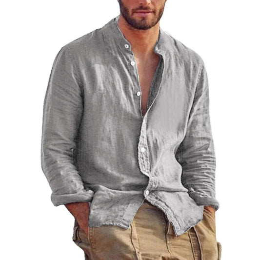 Men’s Linen Long Sleeve Shirt – Solid Colour Casual Top | Lightweight Breathable Stand Collar Hawaiian Style