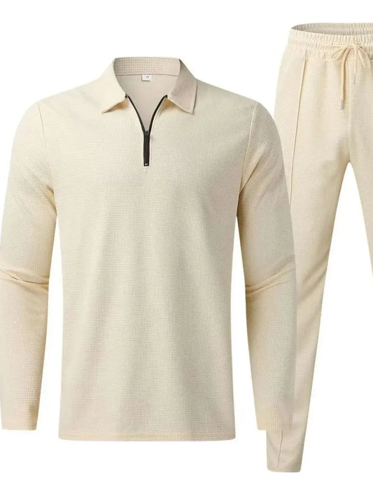 Men’s 2PCS Waffle Tracksuit Set – Long Sleeve Polo Shirt & Sweatpants | Casual Solid Lapel Collar Outfit