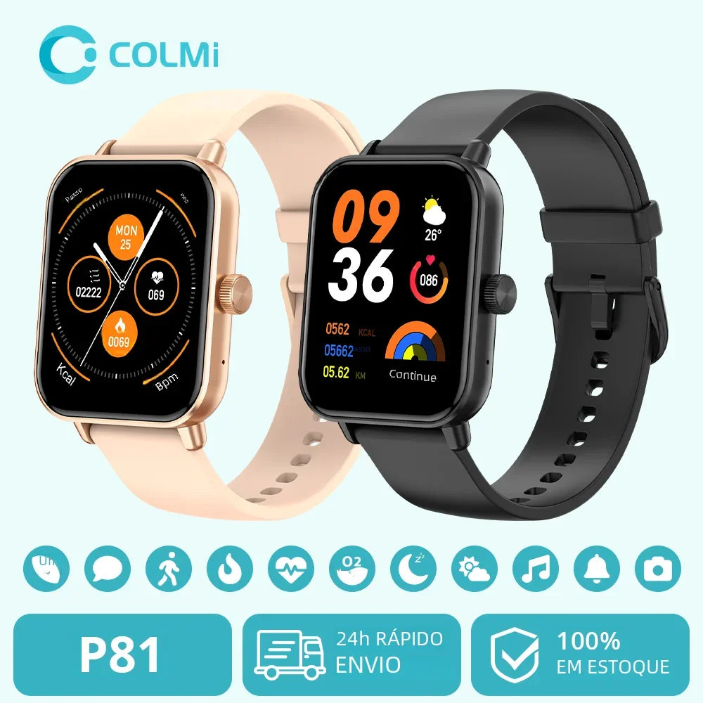 COLMI P81 Smartwatch com Chamadas – Tela 1.9", Monitoramento de Saúde 24h, 100+ Modos Esportivos e Bluetooth para Homens e Mulheres