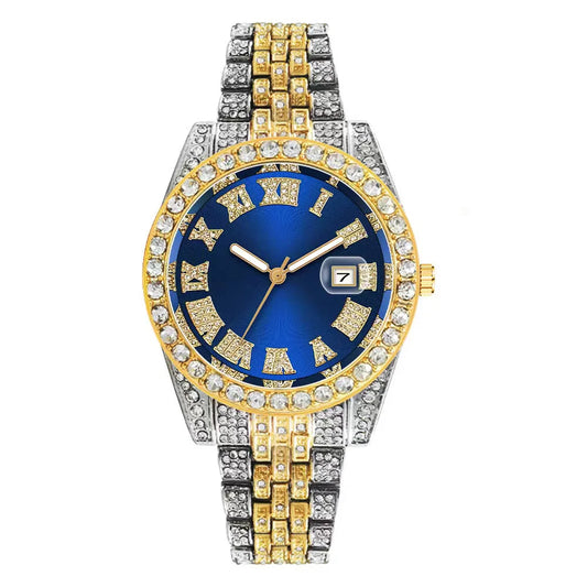 Luxury Men’s Gold Watch – Stainless Steel Calendar Wristwatch with Iced-Out Rhinestones