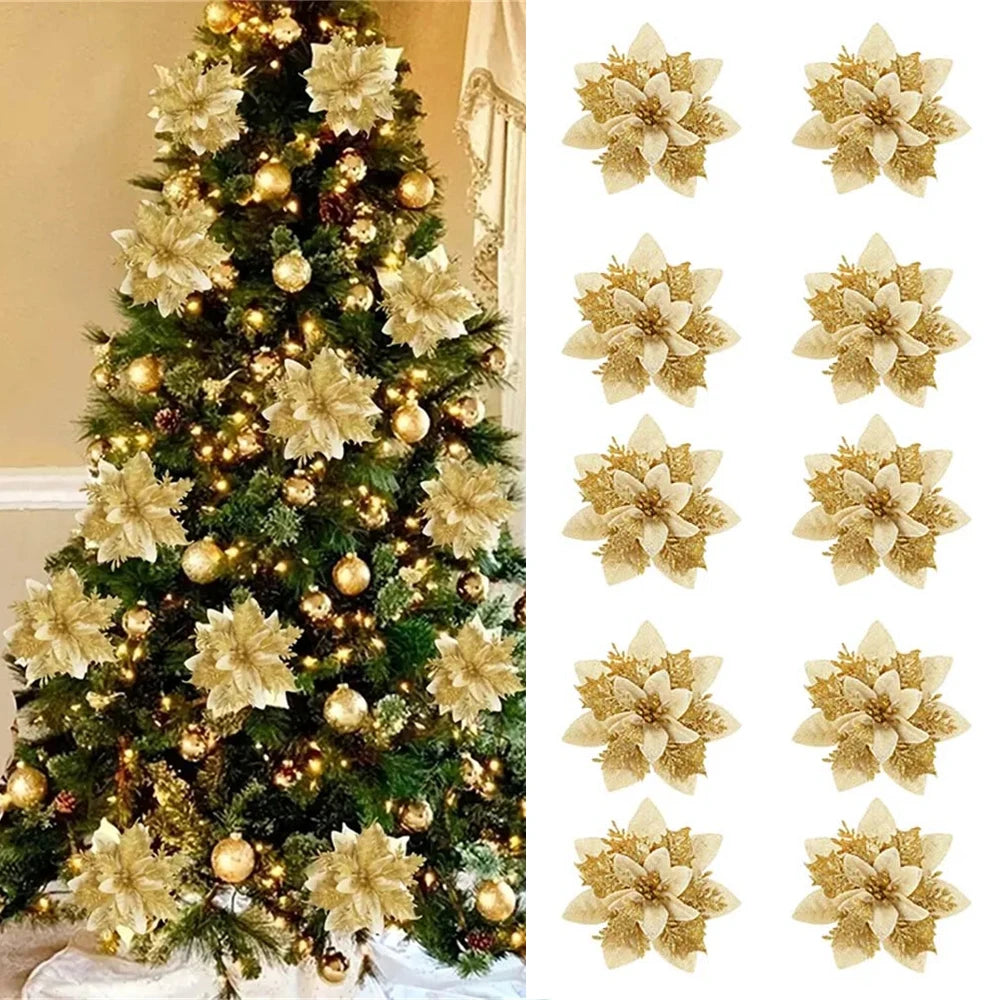 5/10pcs Christmas Flower Ornaments – 14.5cm Pink, Red & Gold Glitter Artificial Flowers | Xmas Tree & Home Decoration