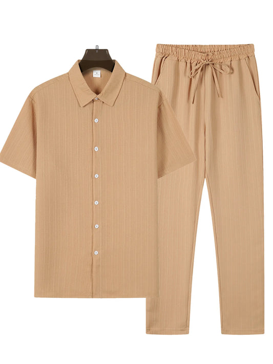 (Shirt + Trousers) Men’s Summer Outfit – Classic Business Casual Two-Piece Set | Fashion Short-Sleeve Shirt & Pants